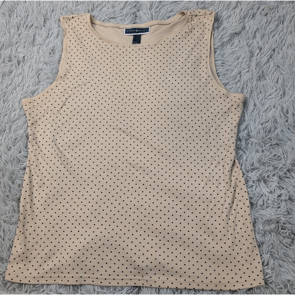 Karen Scott Shirt Womens L Biege Top Polka Dot Sleeveless Comfort Lightweight